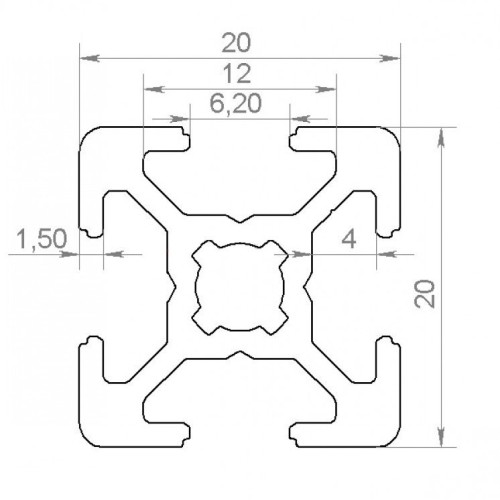 Алюминиевый профиль 20x20мм 1,5м конструкционный без покрытия